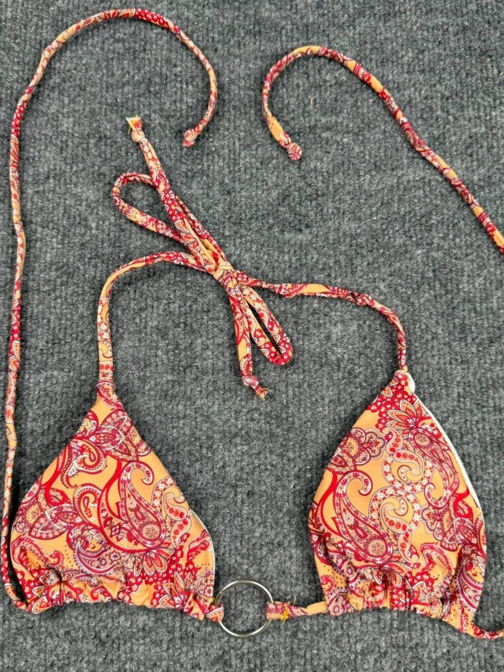 Women's Paisley Triangle Bikini Top Size S Orange Red Boho O-Ring Halter Swim